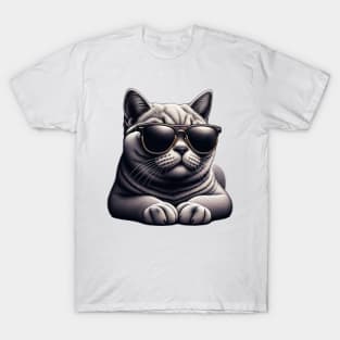 British Shorthair Cat Wearing Sunglasses T-Shirt